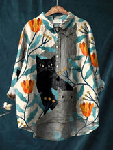Women's Three Plant Kittens Print Casual Cotton And Linen Shirt